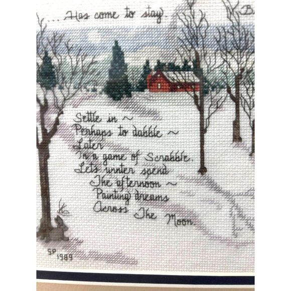 Vintage 1989 Framed Cross Stitch Sampler – Winter Scene with Red House, Rabbit, - Picture 7 of 9